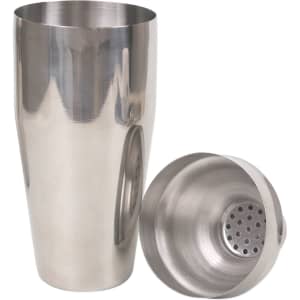 A stainless-steel cocktail shaker set, featuring a large shaker and a strainer lid. The finish is polished and reflective.