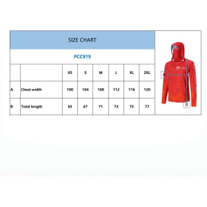 A red fishing hoodie made of polyester and spandex, featuring a hood and a pocket, with a size chart included.