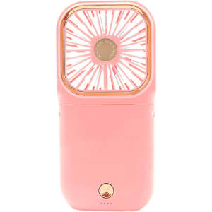 A pink folding neck fan with a structured design and ventilation openings, featuring a small stand at the base.