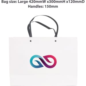 A large white paper bag with a knitted handle and a colourful logo design. Dimensions: 420mm x 300mm x 120mm.