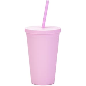 A pink matte plastic cup with a lid and straw. Includes a logo.