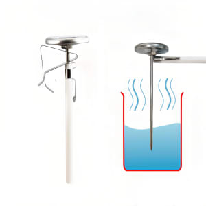 A silver and white instant read dial thermometer with a pointed probe for measuring temperatures. It has a metallic attachment.