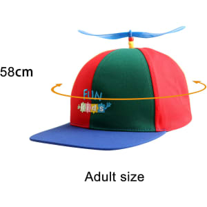 A red, green, and blue propeller baseball cap with an adult size. It features a logo and a spinning propeller on top.