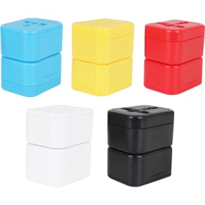 A set of universal travel adapters in blue, yellow, red, white, and black, stacked in pairs.