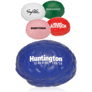 A blue brain-shaped stress reliever with various logos in red, pink, white, and green on smaller stress relievers.