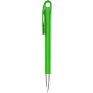 A plastic pen with a bright green barrel and a silver tip, featuring a clip and a logo.