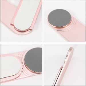 A pink Laptop Extension Arm with a smooth metallic surface and a round end, featuring a logo.