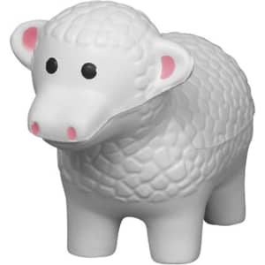 A white sheep-shaped stress reliever with textured wool and black eyes, featuring a pink snout and ears.