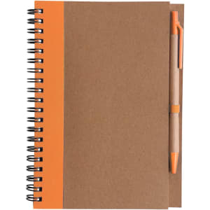 A kraft notebook with an orange accent and a matching ballpoint pen attached, featuring a spiral binding.
