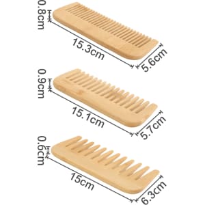 Three eco-friendly bamboo combs in varying sizes, showcasing natural wood texture and dimensions. Each comb has a smooth finish.