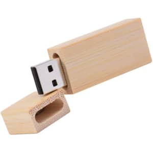 A rectangular wooden flash drive in a light bamboo finish, featuring a removable cap and a USB connector.