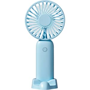 A handheld fan in light blue colour with a built-in phone stand at the base. It has a logo on the front.