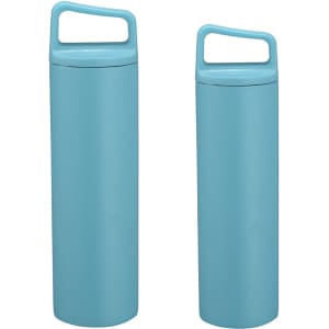 A drink bottle in light blue, featuring a handle and available in 500ML and 600ML sizes. It has a logo.