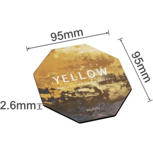 An octagonal coaster in yellow and gold tones, featuring a logo and dimensions of 95mm by 2.6mm.