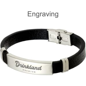 A custom leather bracelet with a black leather band and a silver metal clasp, featuring an engraved brand logo.