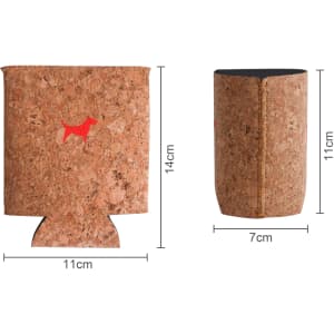 A cork stubby holder in natural colour with a red logo, featuring flat pack design and dimensions shown.
