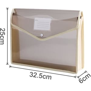 A transparent expanding document folder in beige, featuring a button closure and measurement details.