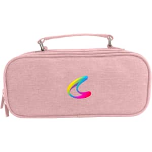 A pink pencil case with compartments and a handle, featuring a subtle logo on the front.