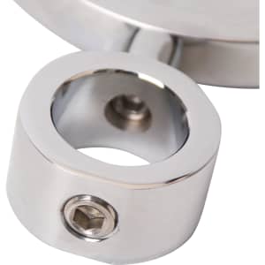 A shiny chrome beer tap badge holder with a circular attachment and a screw for securing.