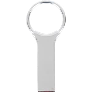A silver keyring flash drive with a polished finish and a circular attachment loop.