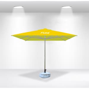 A yellow 2x2m square market umbrella with a central pole and a weighted base, featuring a logo.