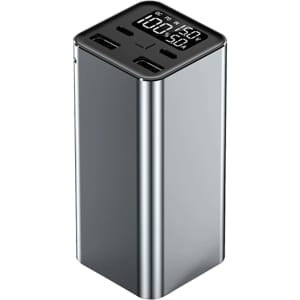A silver 20000mAh power bank with multiple USB ports and a digital display. It has a sleek, rectangular design.