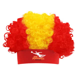 A red and yellow curly headband wig with a branding logo.