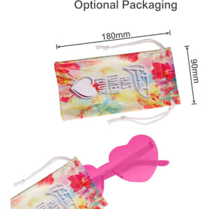 A pair of pink heart-shaped party glasses inside a colourful drawstring pouch. The image features optional packaging details.