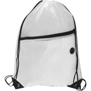 A transparent white polyester drawstring bag with a zippered pocket and black accents. It features a logo.