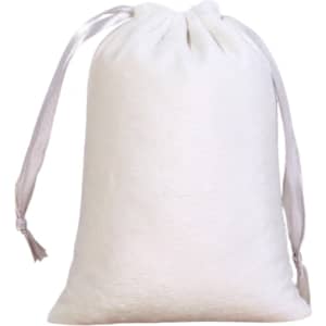 A white silk velvet drawstring bag with matching satin drawstrings. It has a smooth texture and a simple design.