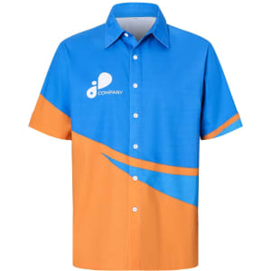 A men's button-up shirt featuring a blue and orange design, with a logo on the front. Made from 100% cotton.