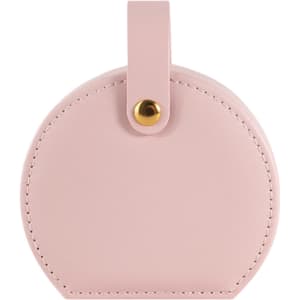 A small portable jewellery box in soft pink PU leather, featuring a rounded design and a gold fastener.