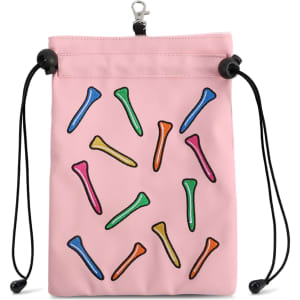 A pink pouch with a drawstring closure, featuring colourful golf tees in various hues and a logo.