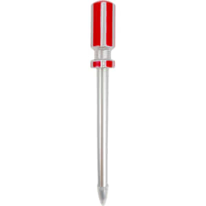 A screwdriver-shaped ballpoint pen in red and silver, featuring a metallic finish. It has a logo on the side.