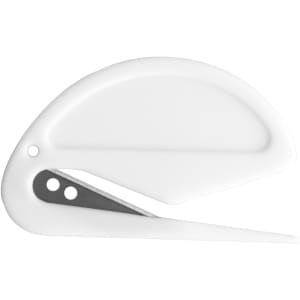 A white letter opener with a curved design and a silver blade. It features a small logo on the surface.