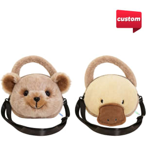 A plush handbag featuring a bear design on one side and a duck design on the other, in soft beige and brown tones.