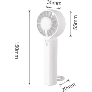 A portable handheld fan in white, featuring a round head and a slender handle, with dimensions displayed beside it.