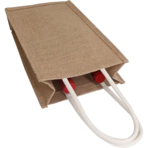 A jute double wine carrier in beige, featuring red accents and white rope handles. It has a simple, natural design.