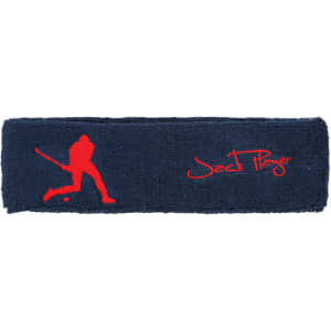 A navy headband featuring a red silhouette design and a logo, suitable for headwear.