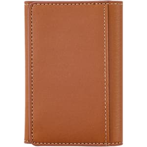 A PU magnetic wallet in a tan colour with visible stitching and a simple design. It features a logo on the exterior.