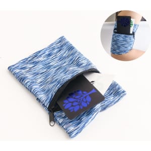 A blue and white patterned mini wearable wallet with a zippered pocket and a card visible inside.