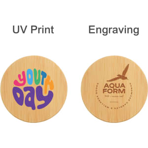 A round bamboo bottle opener coaster featuring vibrant UV print on one side and engraved design on the other.