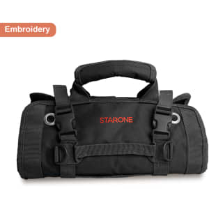 A black roll-up tool bag with handles and straps, featuring a logo on the front.