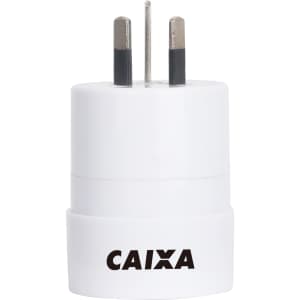 A white multifunctional travel adapter with two prongs and a logo on the front.