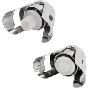 A stainless steel champagne stopper with a white inner seal, featuring a sleek design and a small logo.