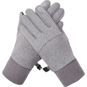 A pair of grey touchscreen winter gloves with ribbed cuffs and a logo.