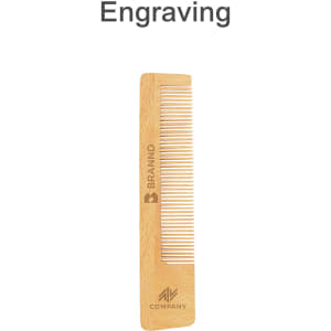 A short-handled beech wood comb with engraved branding, featuring a natural wooden colour and a fine-toothed design.