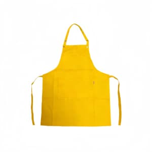 A yellow poly-cotton canvas full bib apron with a colour neck strap and pockets. It features a logo.