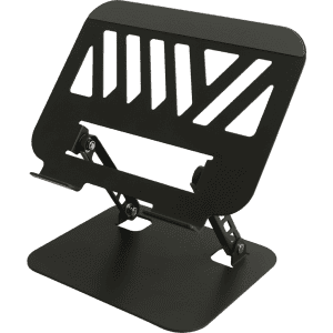 A foldable metal laptop stand in black, featuring a modern design with ventilation cutouts for airflow.