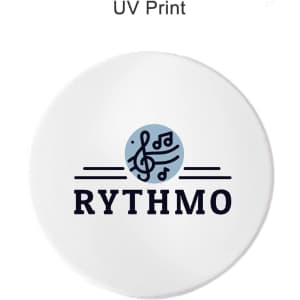 A round mirror featuring a musical design in blue and black on a white background. It includes a logo.